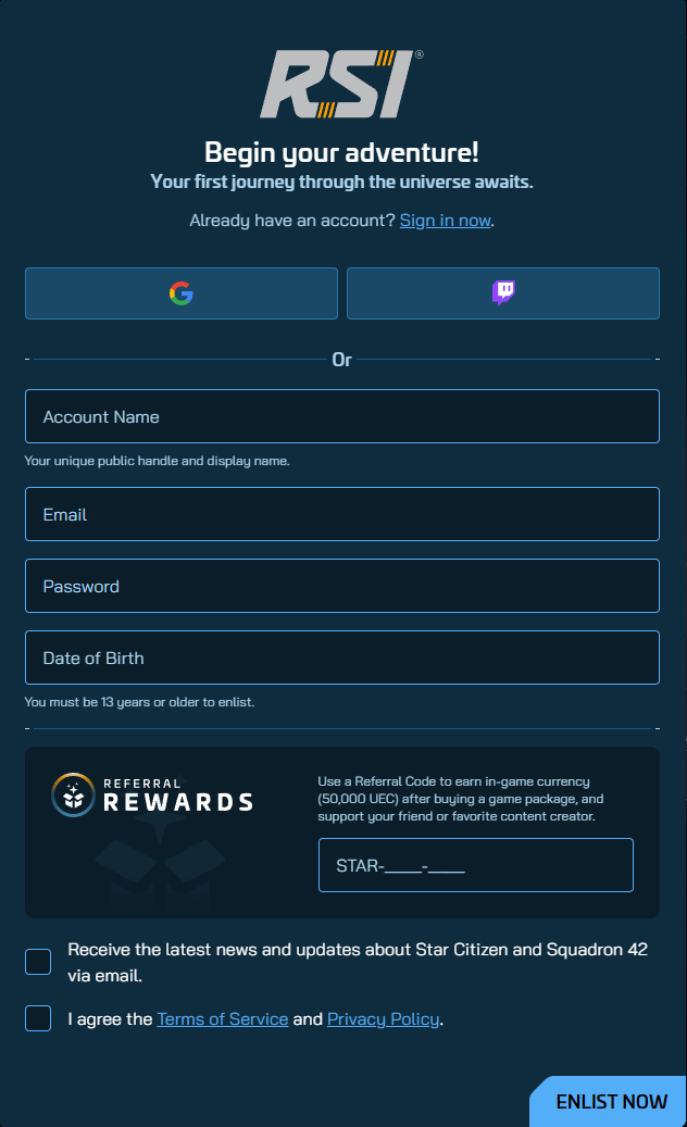 The RSI signup form, showing the Account Name, Email, Password and Date of Birth fields, and a Referral Rewards block at the bottom with a STAR-XXXX-XXXX placeholder.